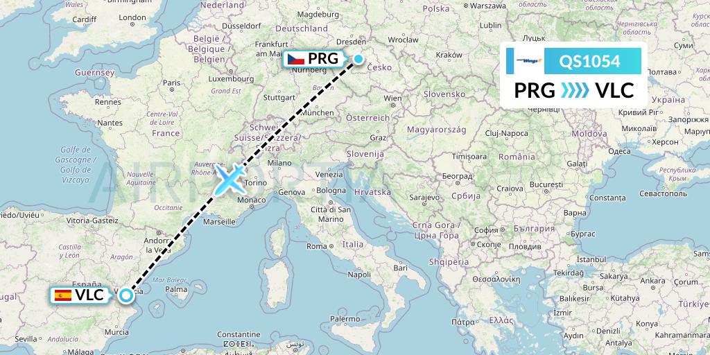 QS1054 Smartwings Flight Map: Prague to Valencia
