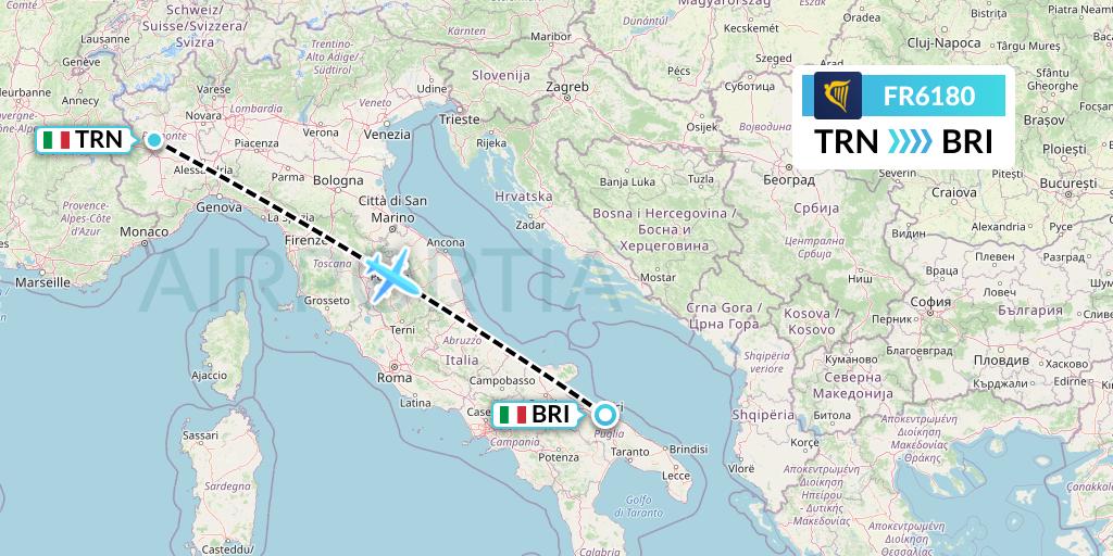 FR6180 Ryanair Flight Map: Turin to Bari