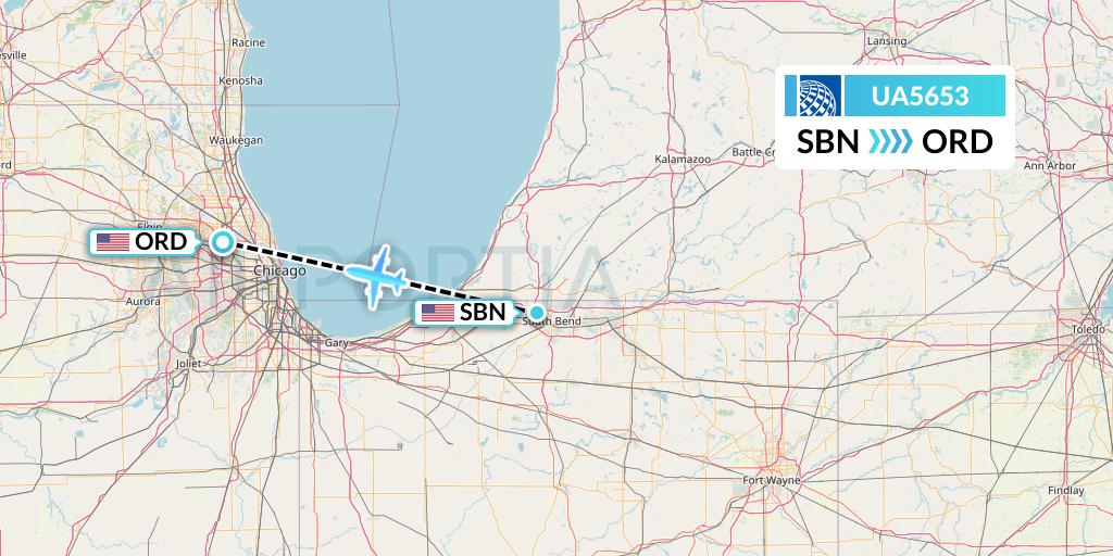 UA5653 United Airlines Flight Map: South Bend to Chicago