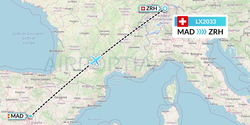 LX2033 Swiss Flight Map: Madrid to Zurich