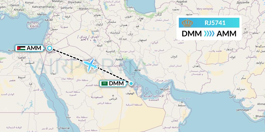 RJ5741 Royal Jordanian Flight Map: Dammam to Amman