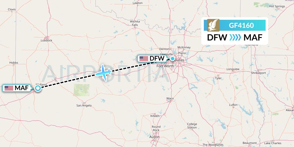 GF4160 Gulf Air Flight Map: Dallas to Midland