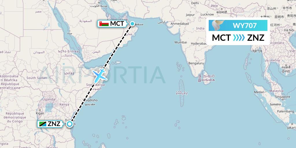 WY707 Oman Air Flight Map: Muscat to Zanzibar