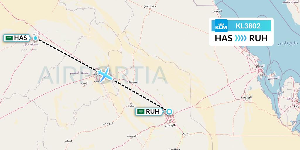 KL3802 KLM Flight Map: Ha'il to Riyadh