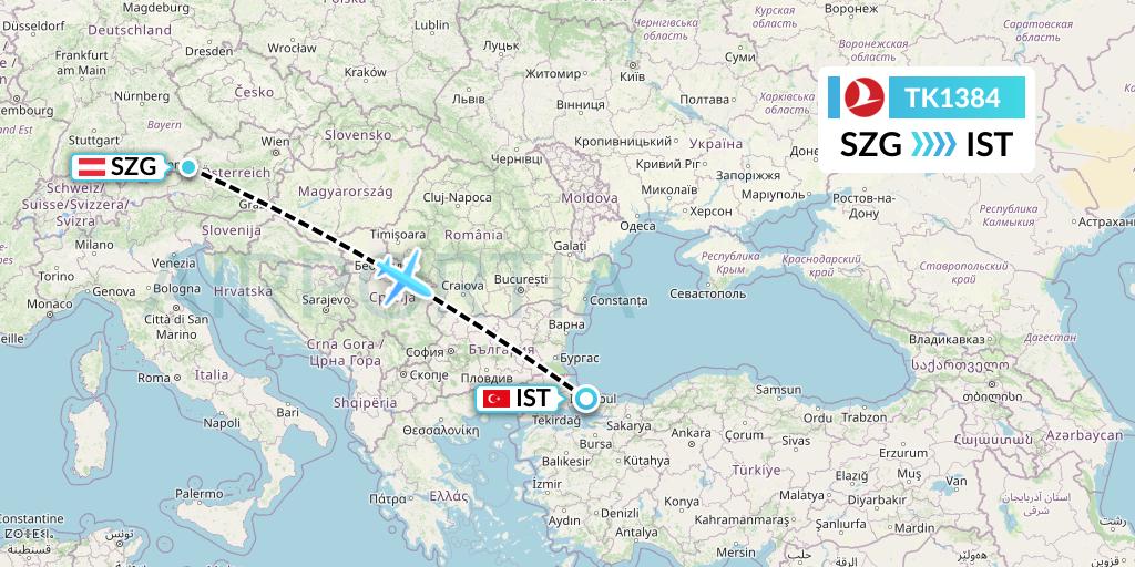 TK1384 Turkish Airlines Flight Map: Salzburg to Istanbul