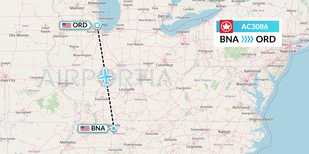 AC3086 Air Canada Flight Map: Nashville to Chicago