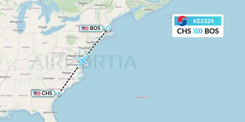 KE3324 Korean Air Flight Map: Charleston to Boston