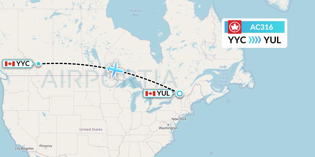AC316 Air Canada Flight Map: Calgary to Montreal