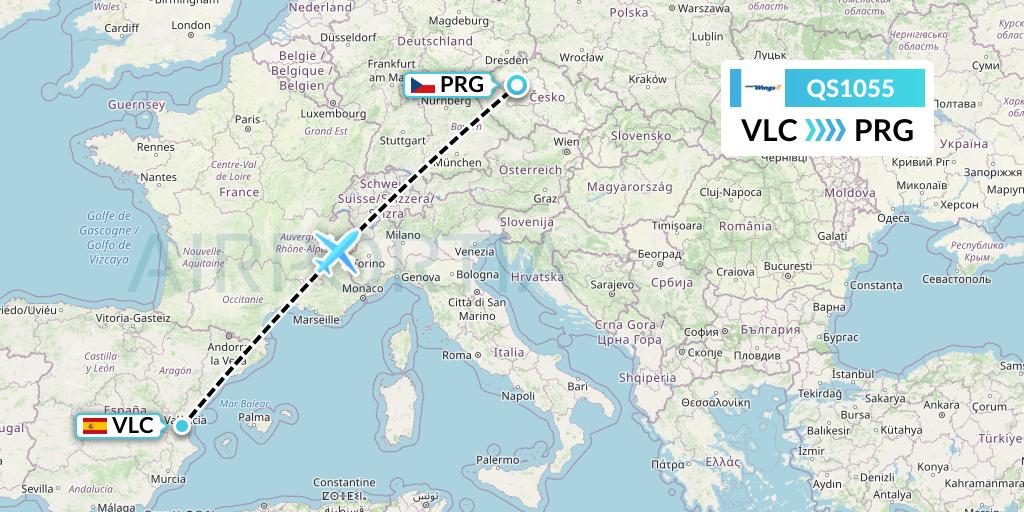 QS1055 Smartwings Flight Map: Valencia to Prague
