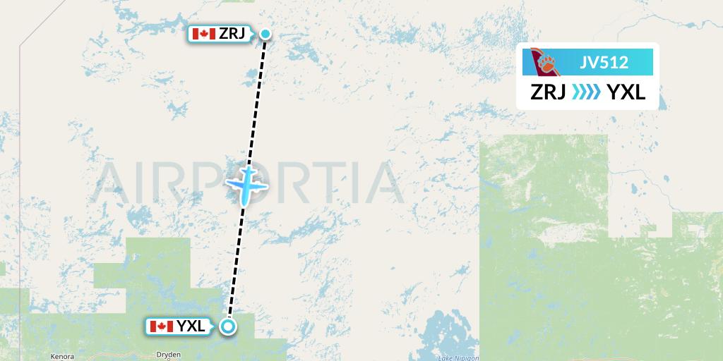 JV512 Bearskin Airlines Flight Map: Round Lake to Sioux Lookout