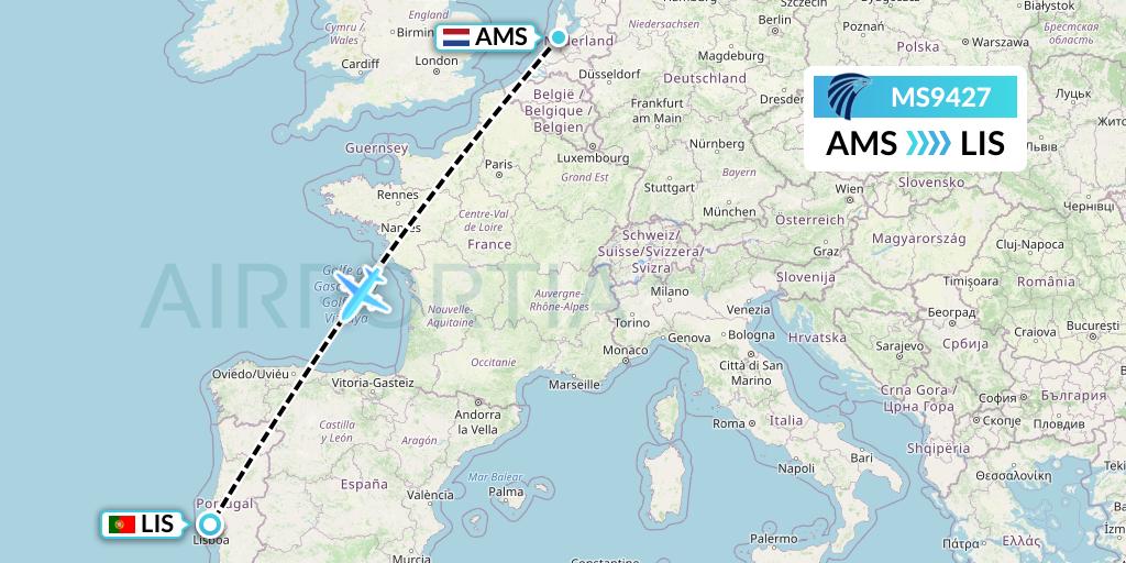 MS9427 EgyptAir Flight Map: Amsterdam to Lisbon
