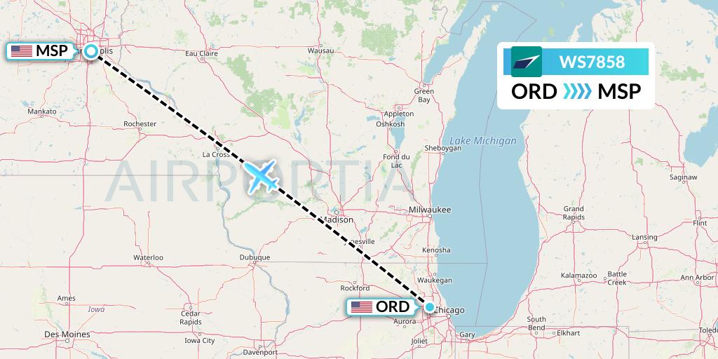 WS7858 WestJet Flight Map: Chicago to Minneapolis