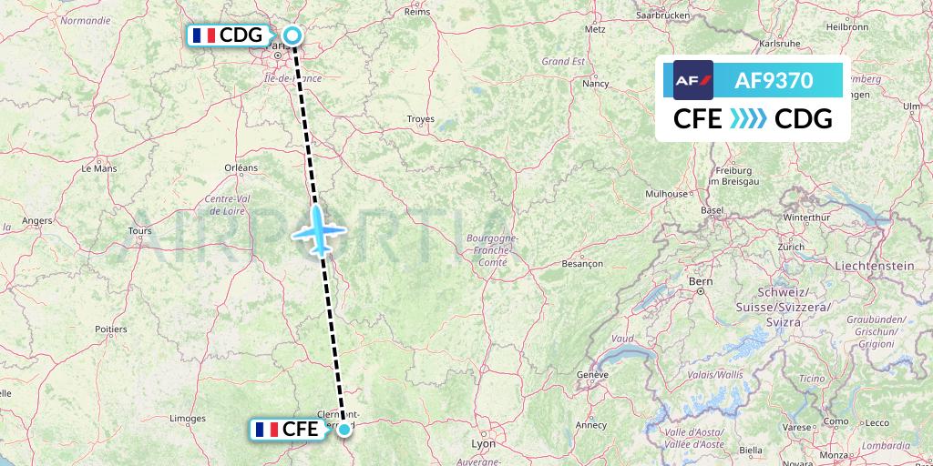 AF9370 Air France Flight Map: Clermont-Ferrand to Paris