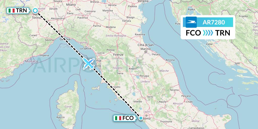 AR7280 Aerolineas Argentinas Flight Map: Rome to Turin