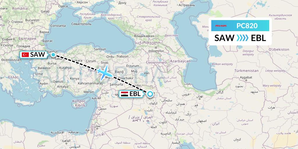 PC820 Pegasus Airlines Flight Map: Istanbul to Arbil