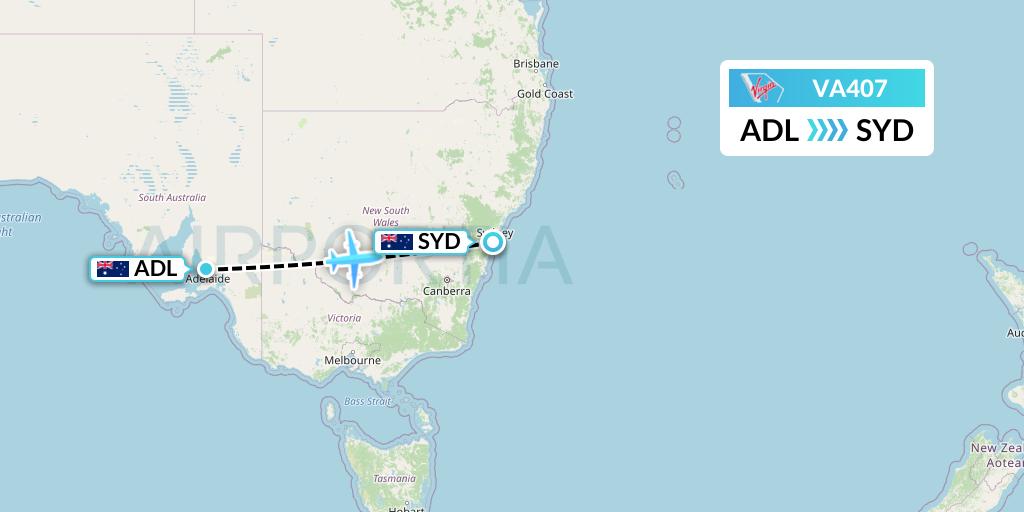 VA407 Virgin Australia Flight Map: Adelaide to Sydney