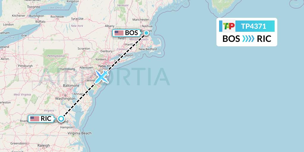 TP4371 TAP Portugal Flight Map: Boston to Richmond