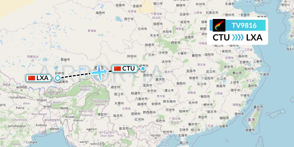 TV9816 Tibet Airlines Flight Map: Chengdu to Lhasa