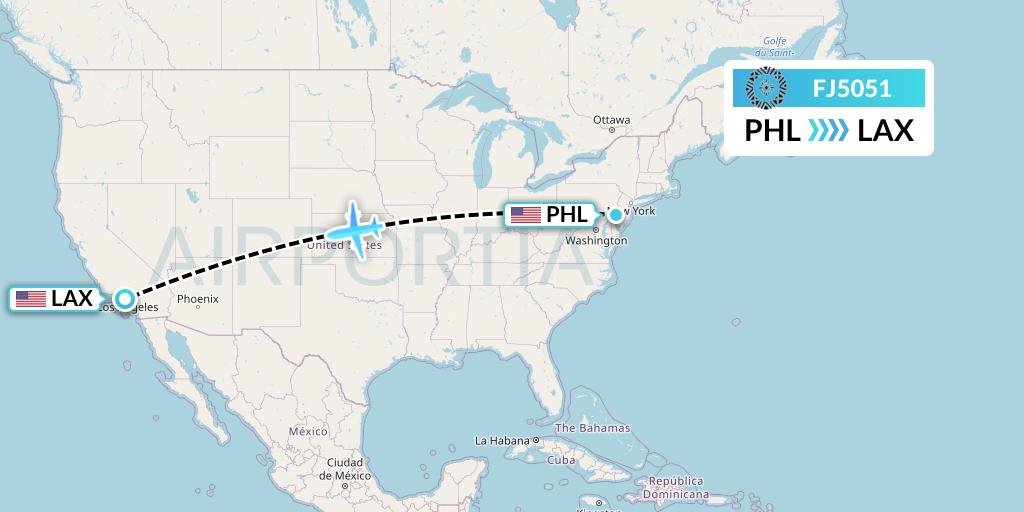 FJ5051 Fiji Airways Flight Map: Philadelphia to Los Angeles