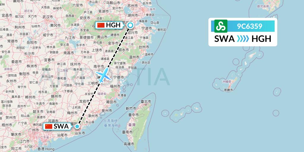 9C6359 Spring Airlines Flight Map: Jieyang to Hangzhou