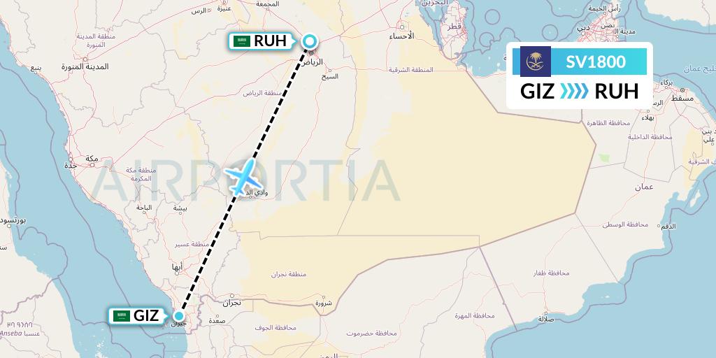 SV1800 Saudi Arabian Airlines Flight Map: Jizan to Riyadh