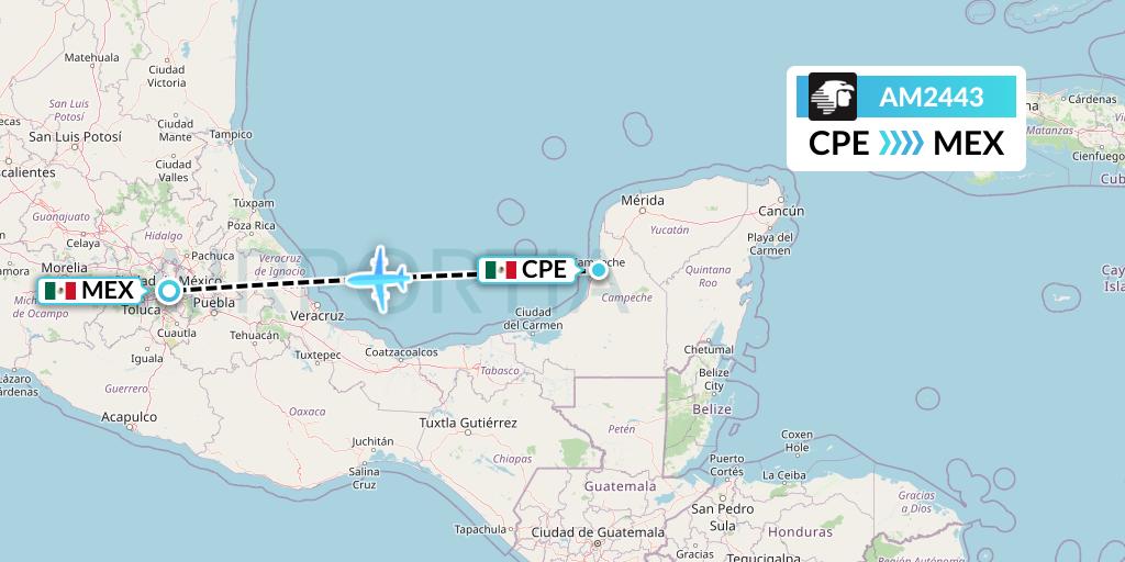 AM2443 Aeromexico Flight Map: Campeche to Mexico City