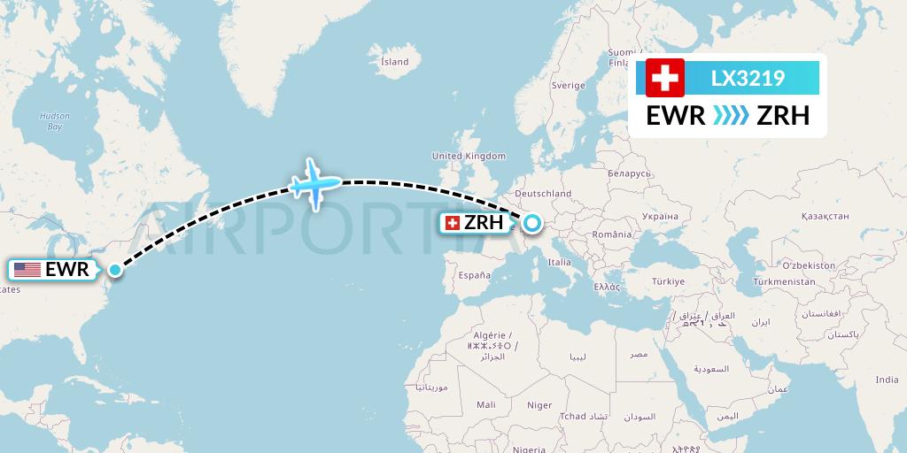 LX3219 Swiss Flight Map: New York to Zurich
