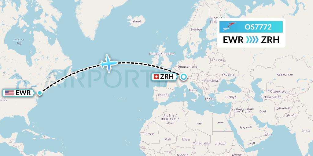 OS7772 Austrian Airlines Flight Map: New York to Zurich