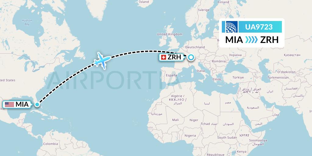 UA9723 United Airlines Flight Map: Miami to Zurich