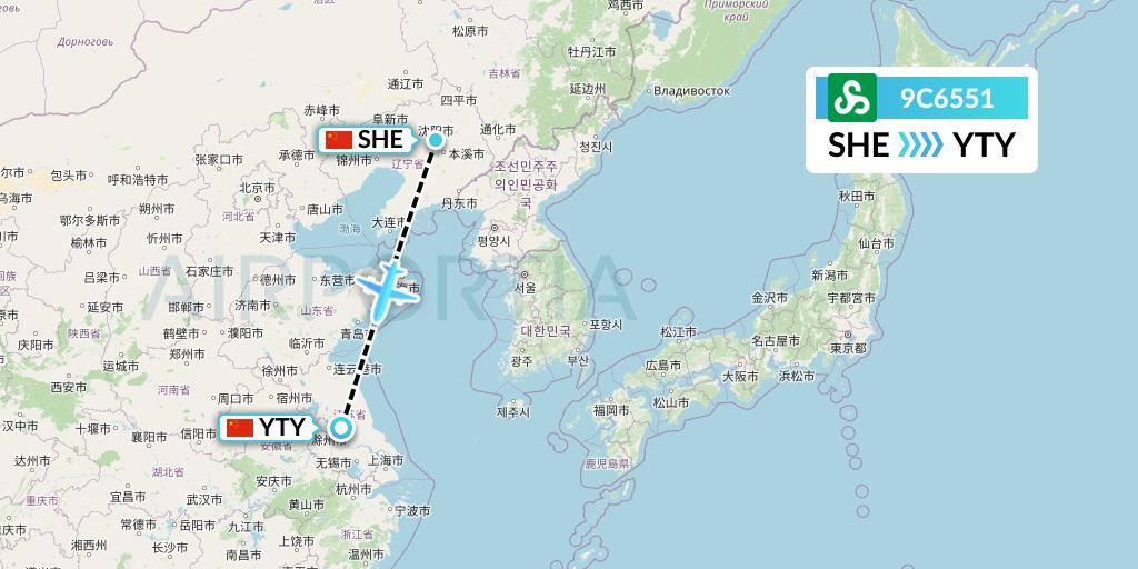 9C6551 Spring Airlines Flight Map: Shenyang to Yangzhou