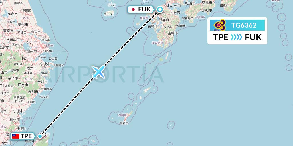 TG6362 Thai Airways Flight Map: Taipei to Fukuoka