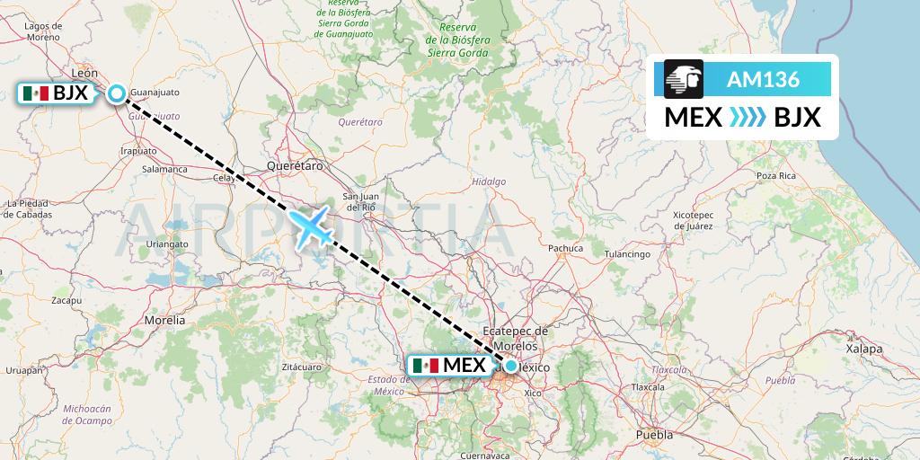 AM136 Aeromexico Flight Map: Mexico City to Silao