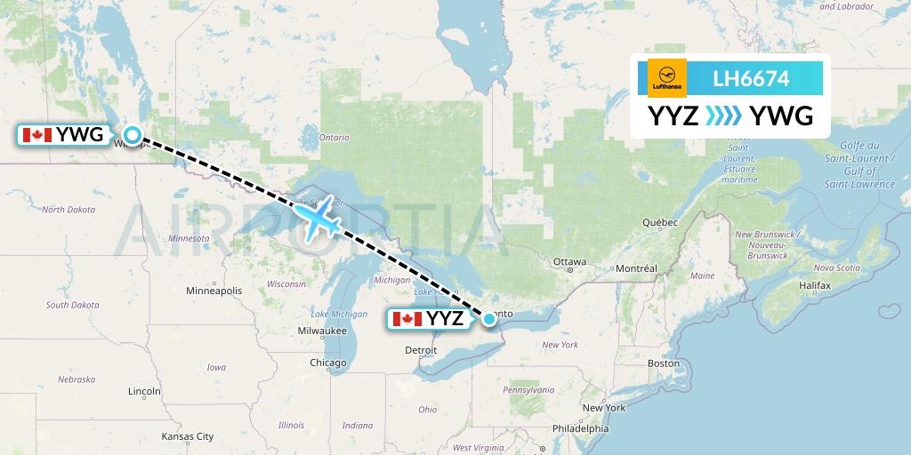LH6674 Lufthansa Flight Map: Toronto to Winnipeg