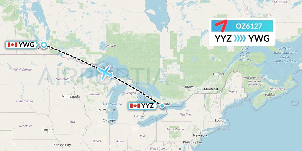 OZ6127 Asiana Airlines Flight Map: Toronto to Winnipeg