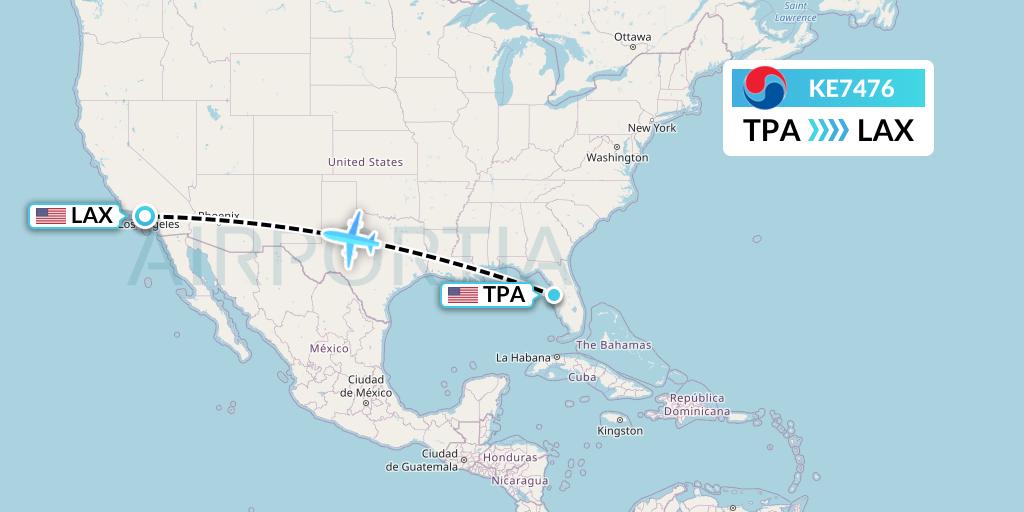 KE7476 Korean Air Flight Map: Tampa to Los Angeles