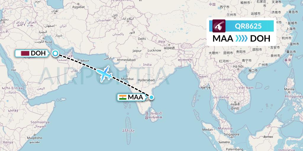 QR8625 Qatar Airways Flight Map: Chennai to Doha