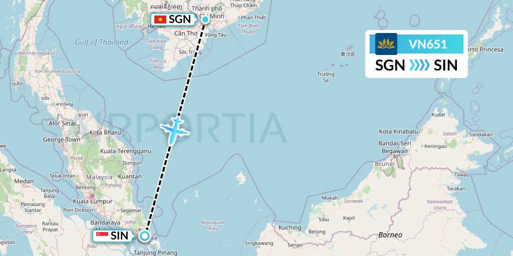 VN651 Vietnam Airlines Flight Map: Ho Chi Minh City to Singapore