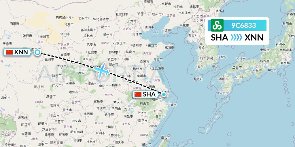 9C6833 Spring Airlines Flight Map: Shanghai to Xining