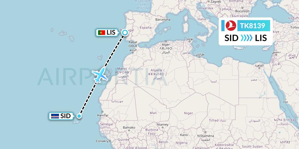 TK8139 Turkish Airlines Flight Map: Espargos to Lisbon