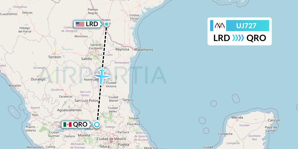 UJ727 AlMasria Universal Airlines Flight Map: Laredo to Queretaro