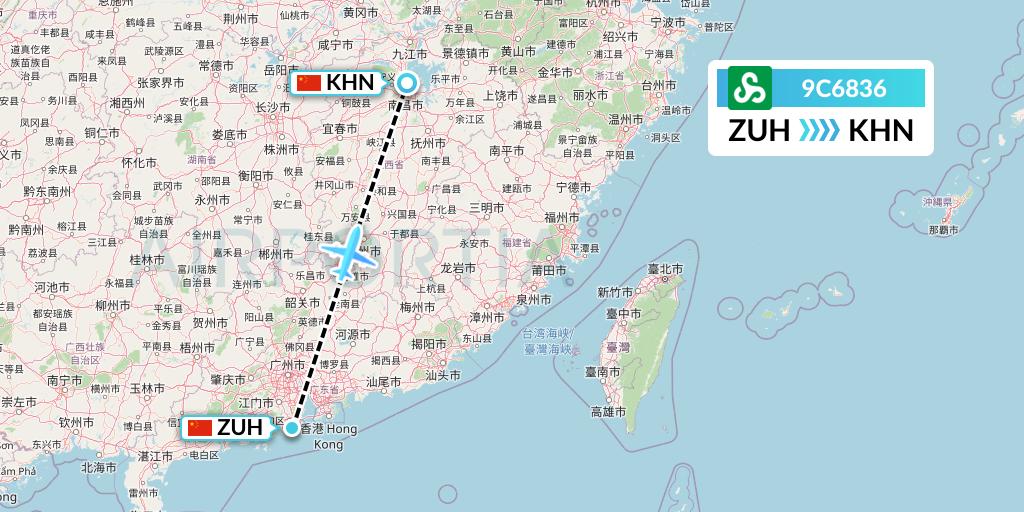 9C6836 Spring Airlines Flight Map: Zhuhai to Nanchang