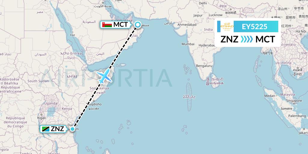 EY5225 Etihad Airways Flight Map: Zanzibar to Muscat
