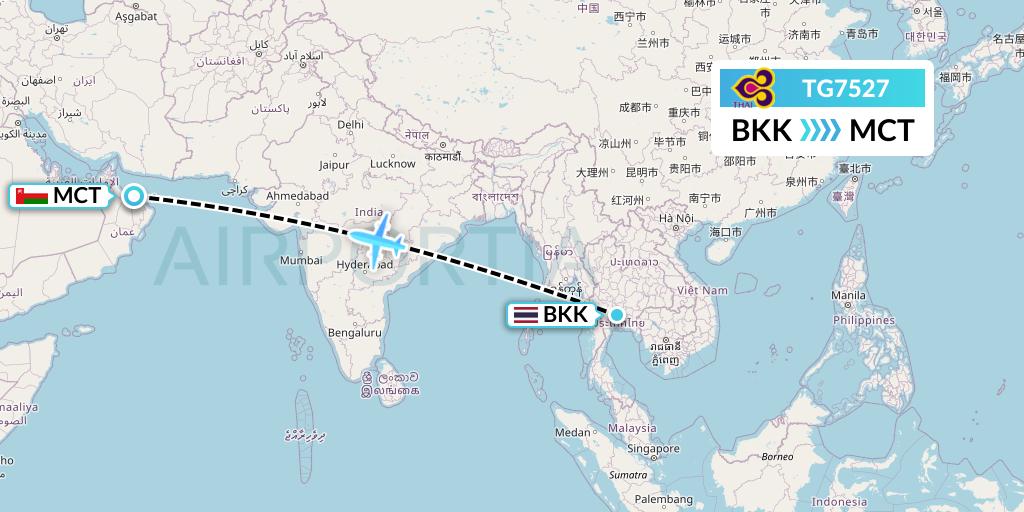 TG7527 Thai Airways Flight Map: Bangkok to Muscat