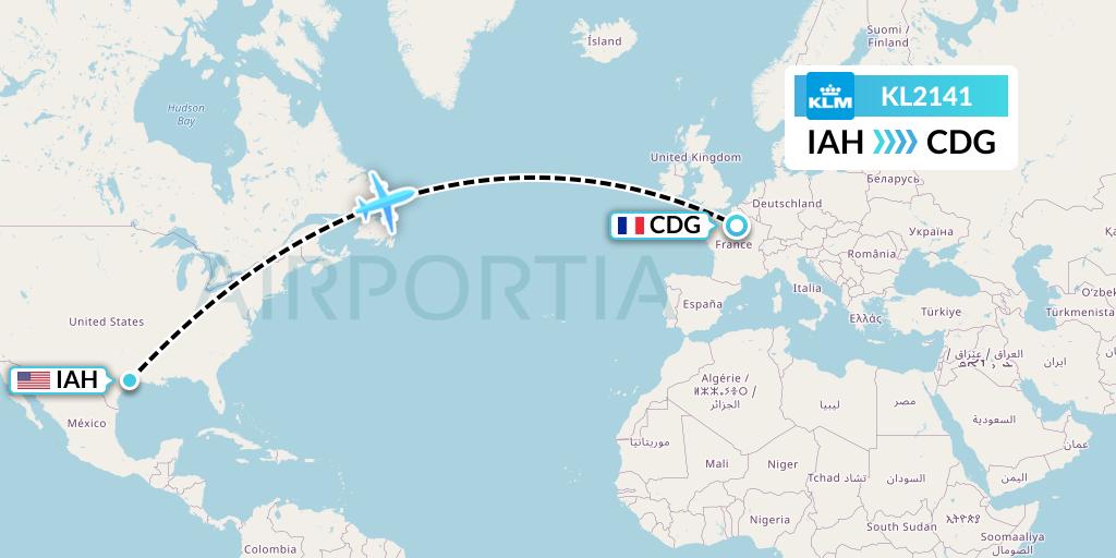 KL2141 KLM Flight Map: Houston to Paris