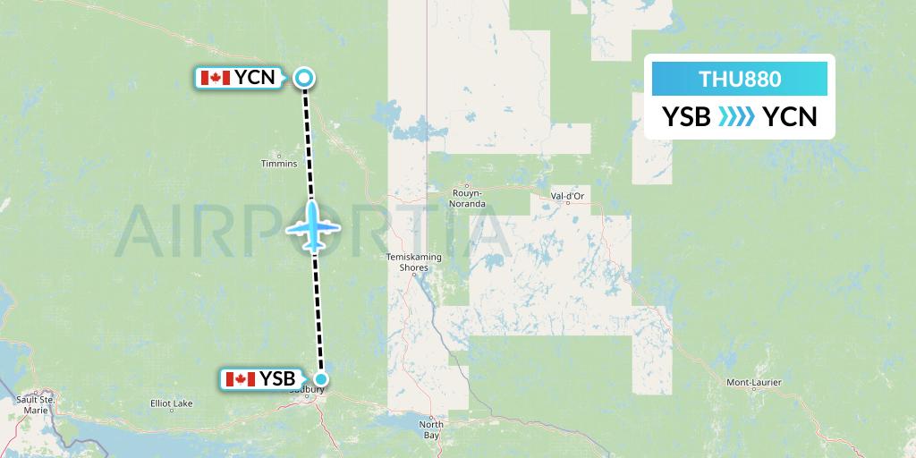THU880 Thunder Airlines Flight Map: Sudbury to Cochrane