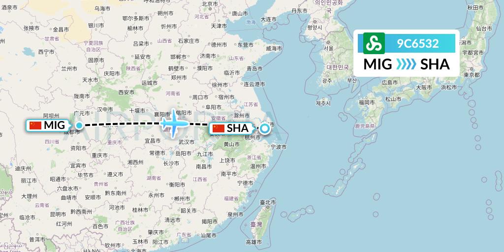 9C6532 Spring Airlines Flight Map: Mianyang to Shanghai