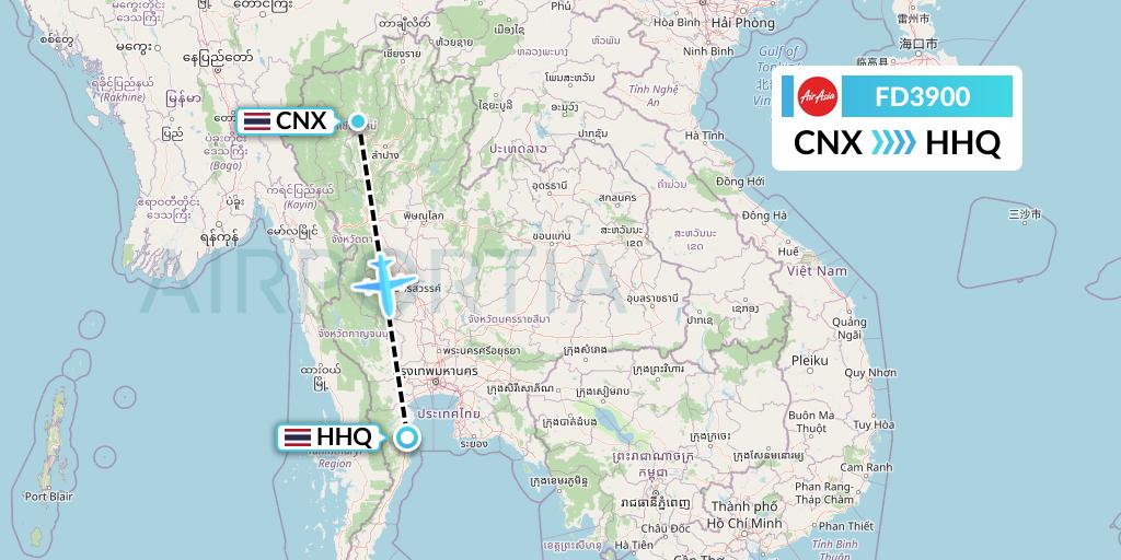 FD3900 Thai AirAsia Flight Map: Chiang Mai to Hua Hin