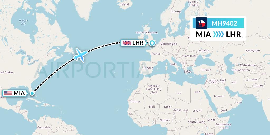 MH9402 Malaysia Airlines Flight Map: Miami to London