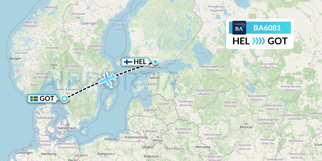 BA6081 British Airways Flight Map: Helsinki to Gothenburg
