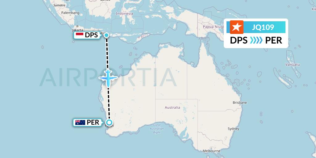 JQ109 Jetstar Airways Flight Map: Denpasar to Perth